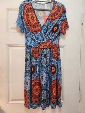 New WEACZZY Blue & Orange Printed Wrap-Style Women's Dress- Size L